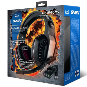 Gaming Headset SVEN AP-U990MV, 50mm drivers, 20-20000Hz, 32 Ohm, 105dB, 401g., 3.5mm/USB, Black/Red