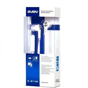 Earphones SVEN E-211M, White, with Microphone, 4pin 3.5mm mini-jack, cable 1.2m