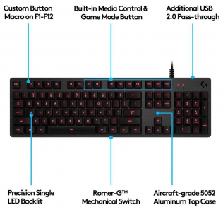 Gaming Keyboard Logitech G413, Mechanical, Romer-G Tactile Aluminum alloy, Gaming Keycaps, USB passt