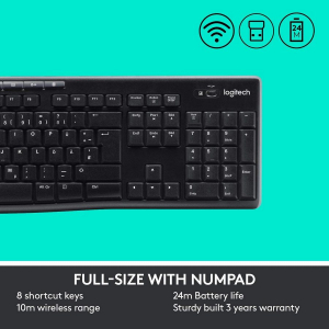 Wireless Keyboard & Mouse Logitech MK270, Media keys, Spill-resistant, 1000dpi, 3 buttons, 2xAAA/1xA