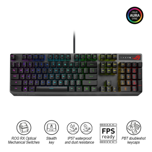 Gaming Keyboard Asus Strix Scope RX, Optical, for FPS, Aura Sync RGB, IP56, USB 2.0 passthrough, USB