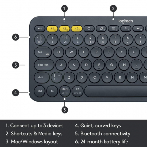 Wireless Keyboard Logitech K380 Multi-Device, Compact, Slim, Low-profile, Quiet typing, F-keys, 2xAA