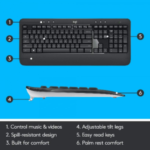 Wireless Keyboard & Mouse Logitech MK540, Spill-resistant, Quiet typing, Palm rest, Media Control, 1