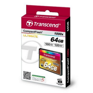 .64GB CompactFlash Card, Hi-Speed 1000X, Transcend "TS64GCF1000" (R/W: 160/120MB/s)