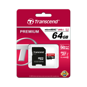 .64GB MicroSD (Class 10) UHS-I (U1) +SD adapter, Transcend "TS64GUSDU1" (R/W:60/20MB/s)