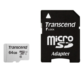 .64GB MicroSD (Class 10) UHS-I (U1),+SD adapter, Transcend "TS64GUSD300S-A" (R/W:95/45MB/s)