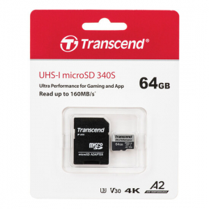 .64GB MicroSD (Class 10) UHS-I (U3),+SD adapter, Transcend "TS64GUSD340S" (V30, A2, R/W:160/80MB/s)