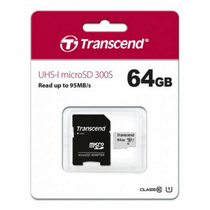 .64GB MicroSD (Class 10) UHS-I (U1), Transcend "TS64GUSD300S" (R/W:95/45MB/s)