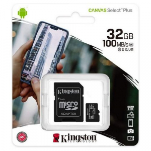 .32GB MicroSD (Class 10) UHS-I (U1) +SD adapter, Kingston Canvas Select+ "SDCS2/32GB" (R:100MB/s)