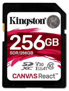 256GB  SDXC Card (Class 10) UHS-I , U3, Kingston Canvas React "SDR/256GB" (R/W:100/80MB/s)