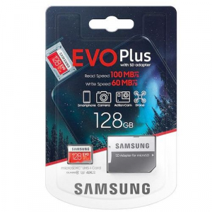 128GB MicroSD (Class 10) UHS-I (U3)+SD adapter, Samsung EVO Plus "MB-MC128KA" (R:130MB/s)