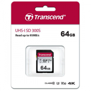 .64GB  SDXC Card (Class 10) UHS-I , U3, Transcend 300S  "TS64GSDC300S" (R/W:95/45MB/s)