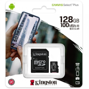 128GB MicroSD (Class 10) UHS-I (U1) +SD adapter, Kingston Canvas Select+ "SDCS2/128GB" (R:100MB/s)