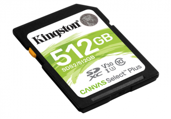 512GB  SDXC Card (Class 10) UHS-I , U3, Kingston Canvas Select Plus "SDS2/512GB" (R/W:100/85MB/s)