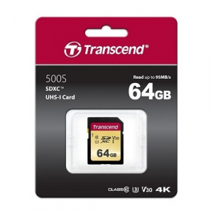 .64GB  SDXC Card (Class 10) UHS-I , U3, Transcend 500S  "TS64GSDC500S" (R/W:95/60MB/s, MLC)