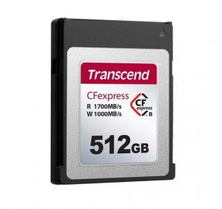 512GB CFexpress 2.0 Type B (PCIe 3.0 x2, NVMe 1.3), Transcend "TS512GCFE820" (R/W: 1700/1000MB/s)