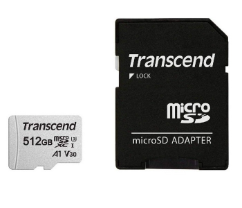 512GB MicroSD (Class 10) UHS-I (U3) +SD adapter,  Transcend "TS512GUSD300S" (R/W:95/45MB/s)