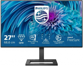 27" PHILIPS 275E2FAE, Black, IPS, 2560x1440, 75Hz, 1msMPRT, 350cd, MegaDCR, HDMI+DP, Spkrs, Tilt