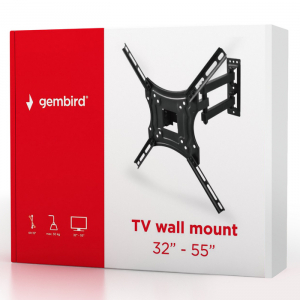 Wall Mount  Gembird "WM-55RT-04" Black 32"-55" 30kg, VESA:up400x400, Wall:60-370mm, -90°~+90°, +15°