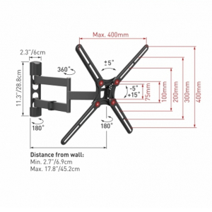 Wall Mount Barkan ''BM343'' Black 13"-65" Full Motion, max.40kg, VESA mm: up to 400x400mm