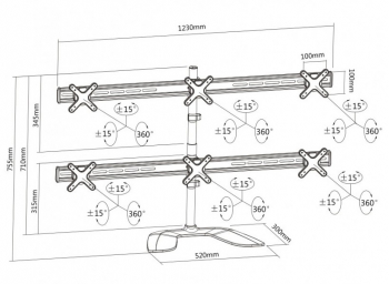 Table/desk stand for 6 monitors Reflecta PLANO DeskStand 23-1010 S, 13"-23", 100x100, 8kg/bracket.