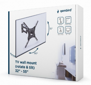 Wall Mount  Gembird "WM-55RT-04" Black 32"-55" 30kg, VESA:up400x400, Wall:60-370mm, -90°~+90°, +15°