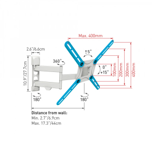 Wall Mount Barkan ''3400W'' White 29"-65" Full Motion, max.40kg, VESA mm: up to 400x400mm