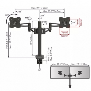 Monitor Desk mount Barkan ''E642' Black 19" - 29" Movement Dual Monitor Desk Mount