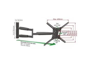 Wall Mount Barkan ''BM443XL'' Black 13"-83" Move Long, max.50kg, VESA mm: up to 600x400mm