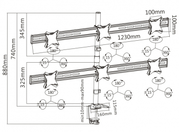 Table/desk stand for 6 monitors Reflecta PLANO Desk 23-1010S, 13"-23 ", 75x75, 100x100, 8kg/bracket.