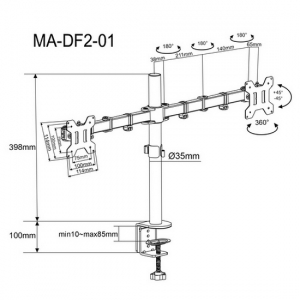 Table/desk stand for 2 monitors Gembird MA-DF2-01, 13"-27", max.7kg, VESA: 75x75, 100x100