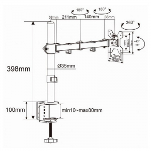 Table/desk stand for  monitor Gembird MA-DF1-01, 13"-27", max.8kg,  VESA: 75x75, 100x100