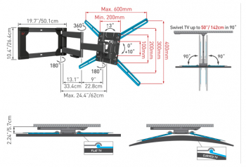 Wall Mount Barkan ''4400'' Black 40"-80" Full Motion, max.50kg, VESA mm: up to 600x400mm