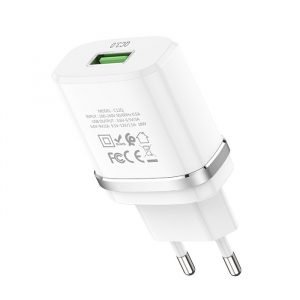 Wall Charger Hoco + Type-C Cable, 1 USB,  QC3.0, C12Q, White