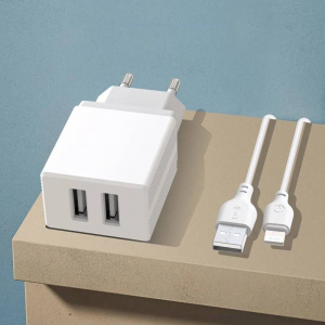 Wall Charger XO + Lightning Cable, 2USB, 2.4A, L75, White