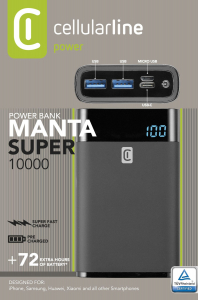 Power Bank Cellularline 10000mAh, QC HD Polimer Battery, Black