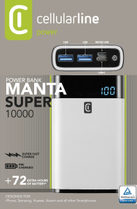 Power Bank Cellularline 10000mAh, QC HD Polimer Battery, White