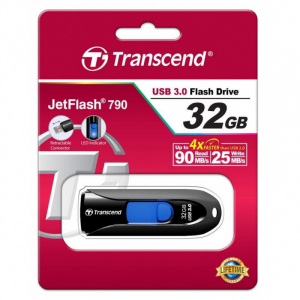  32GB USB3.1 Flash Drive Transcend "JetFlash  790", Black, Slider (R/W:90/25MB/s)