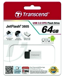  64GB USB2.0/Micro-USB Flash Drive Transcend "JetFlash 380", Silver, Metal Case,OTG (R/W:20/10MB/s)