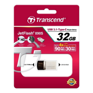   32GB USB3.1/Type-C Flash Drive  Transcend "JetFlash 890", Silver, Metal Case, OTG (R/W:90/25MB/s)