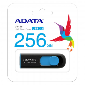 256GB  USB3.1 Flash Drive ADATA "UV128", Black-Blue, Plastic, Slider (R/W:90/40MB/s)