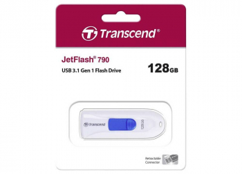 128GB  USB3.1 Flash Drive Transcend "JetFlash  790", White-Blue, Slider (R/W:90/40MB/s)