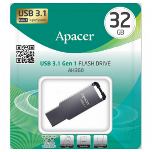  32GB USB3.1 Flash Drive Apacer "AH360", Black Nickel, Slim Metallic, Capless (AP32GAH360A-1)