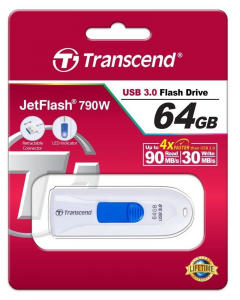  64GB USB3.1 Flash Drive Transcend "JetFlash  790", White, Slider (R/W:90/30MB/s)