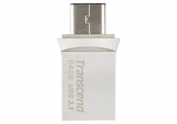   64GB USB3.1/Type-C Flash Drive  Transcend "JetFlash 890", Silver, Metal Case, OTG (R/W:90/30MB/s)