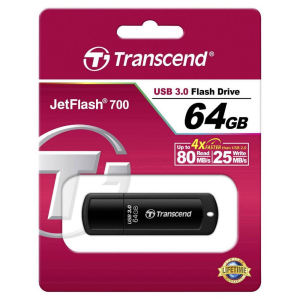  64GB USB3.1 Flash Drive Transcend "JetFlash  700", Black, Classic Cap (R/W:90/30MB/s)