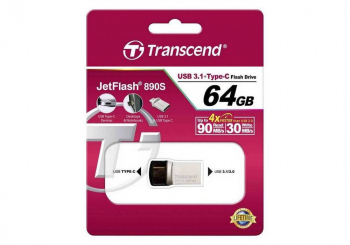   64GB USB3.1/Type-C Flash Drive  Transcend "JetFlash 890", Silver, Metal Case, OTG (R/W:90/30MB/s)