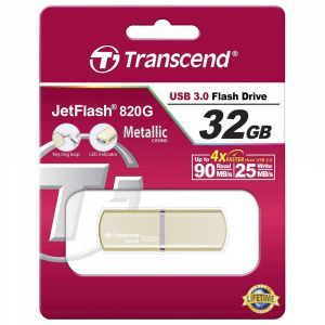  32GB USB3.1 Flash Drive Transcend "JetFlash 820", Gold, Metal Case, Luxury Design (R/W:90/25MB/s)