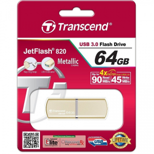  64GB USB3.1 Flash Drive Transcend "JetFlash 820", Gold, Metal Case, Luxury Design (R/W:90/30MB/s)