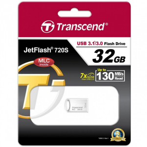  32GB USB3.1 Flash Drive Transcend "JetFlash 720S", Silver, Metal Case, COB (MLC , R/W:130/45MB/s)